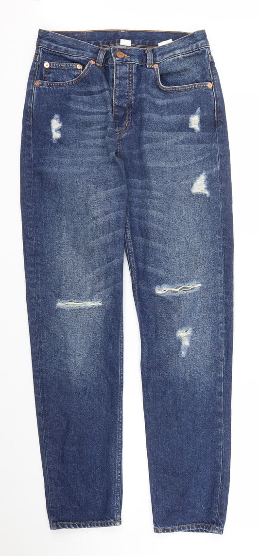Additional front view of Monki women’s blue denim boyfriend jeans, size UK 26, in, 28-inch leg