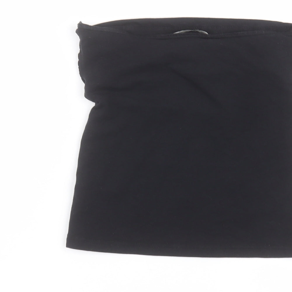 Brand and care label for H&M women’s black mini skirt, size XS