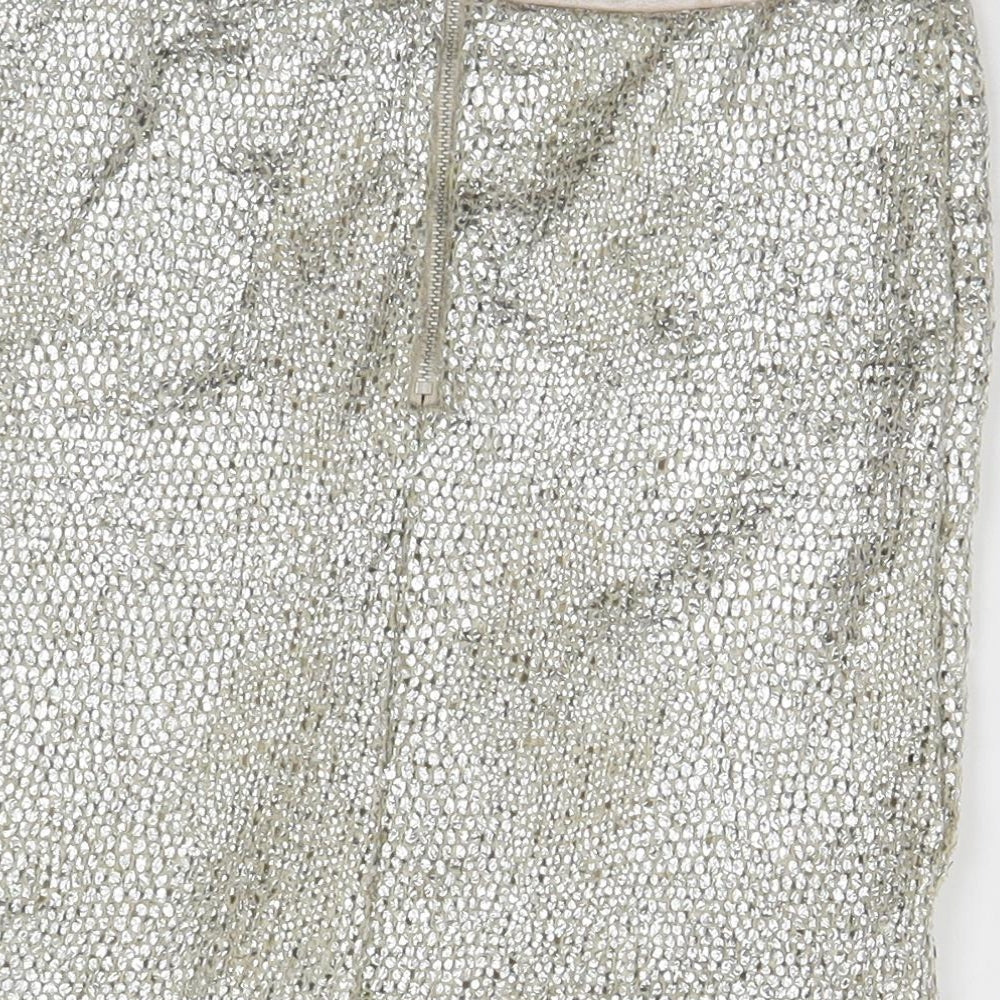 Brand and care label for Miss Selfridge women’s silver straight & pencil skirt, size UK 4
