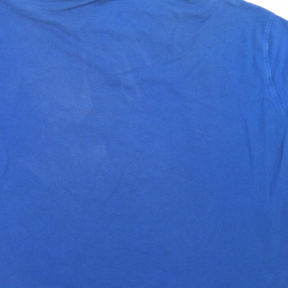 Brand and care label for Money men’s blue polo, size XL