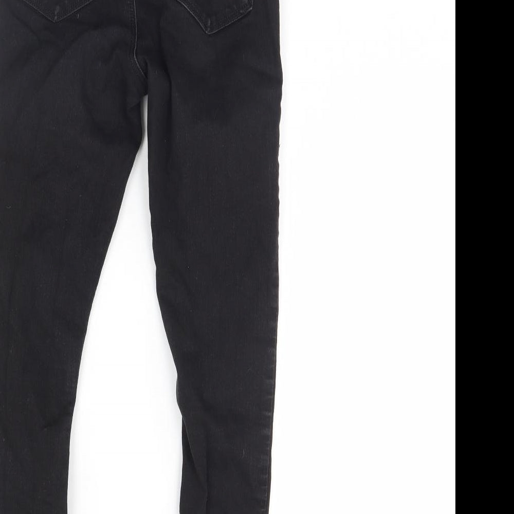 Brand and care label for Topshop women’s black denim skinny jeans, size UK 28, 26-inch leg