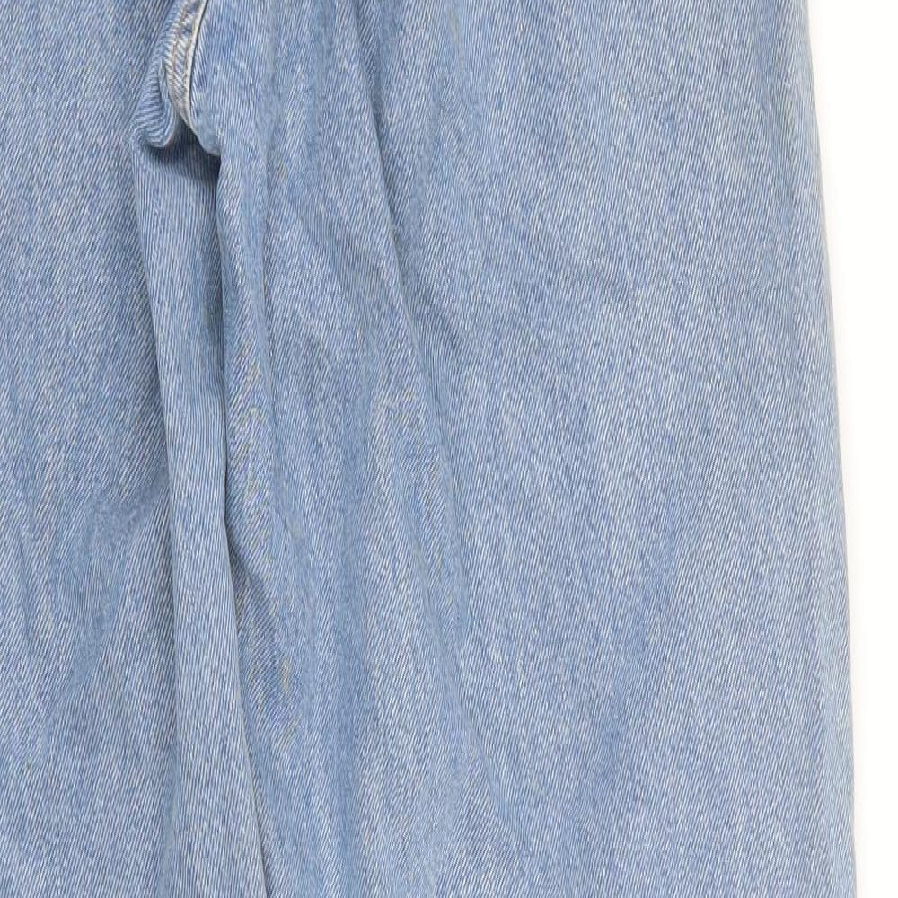 Brand and care label for Collusion women’s blue denim straight jeans, size UK 26, 31-inch leg
