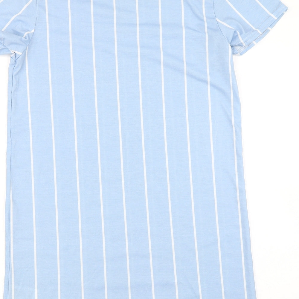 Brand and care label for PRETTYLITTLETHING women’s blue striped slip dress, size UK 6