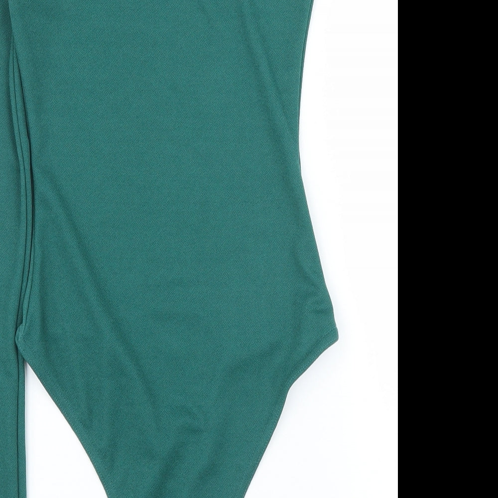 Brand and care label for PRETTYLITTLETHING women’s green leotard one-piece, size UK 4