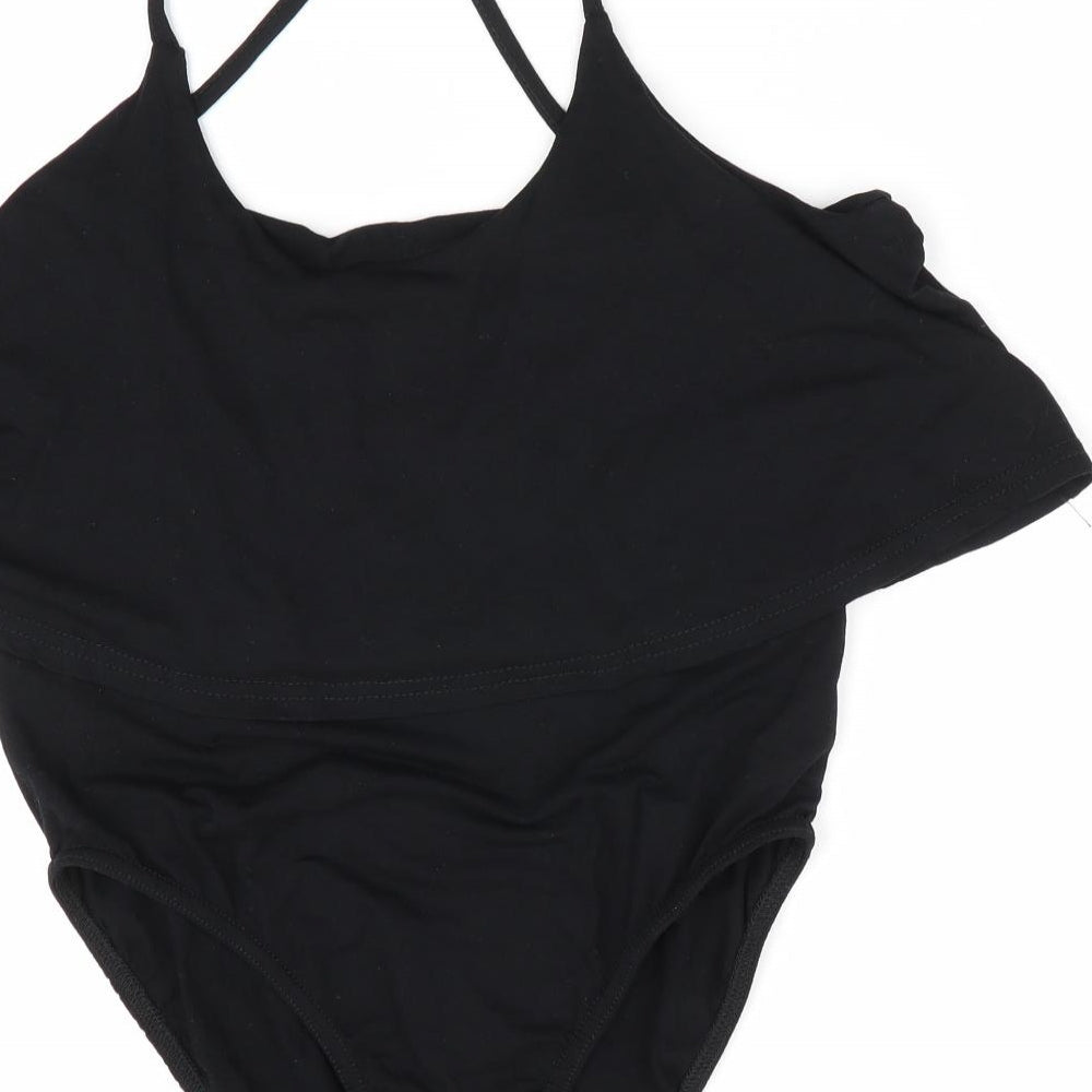 Brand and care label for Missguided women’s black bodysuit one-piece, size UK 10