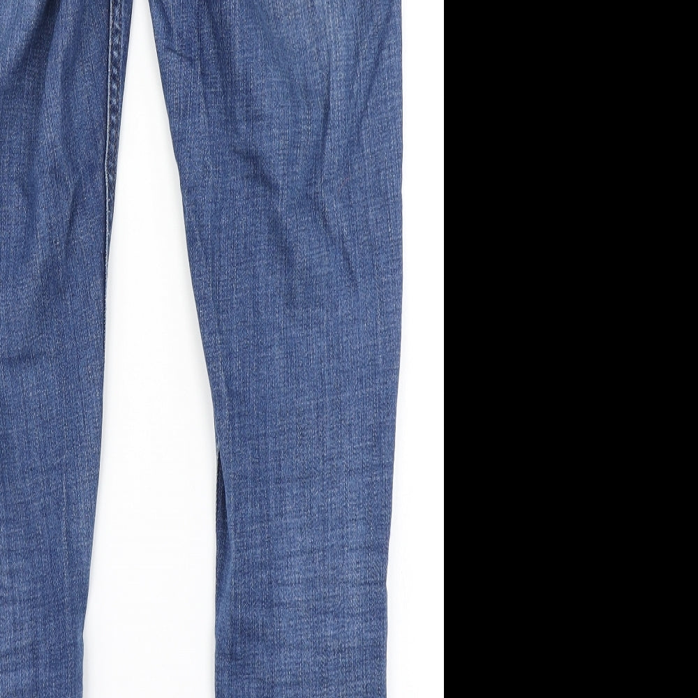 Brand and care label for Topshop women’s blue denim skinny jeans, size UK 28, in, 32-inch leg