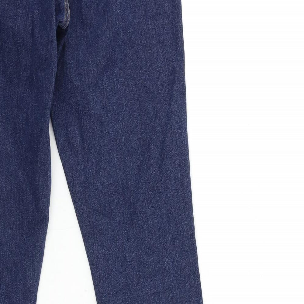 Brand and care label for H&M women’s blue denim skinny jeans, size UK 28, in, 29-inch leg