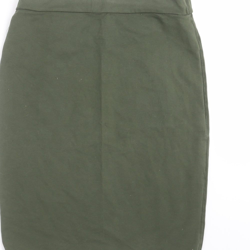 Brand and care label for Forever 21 women’s green straight & pencil skirt, size M