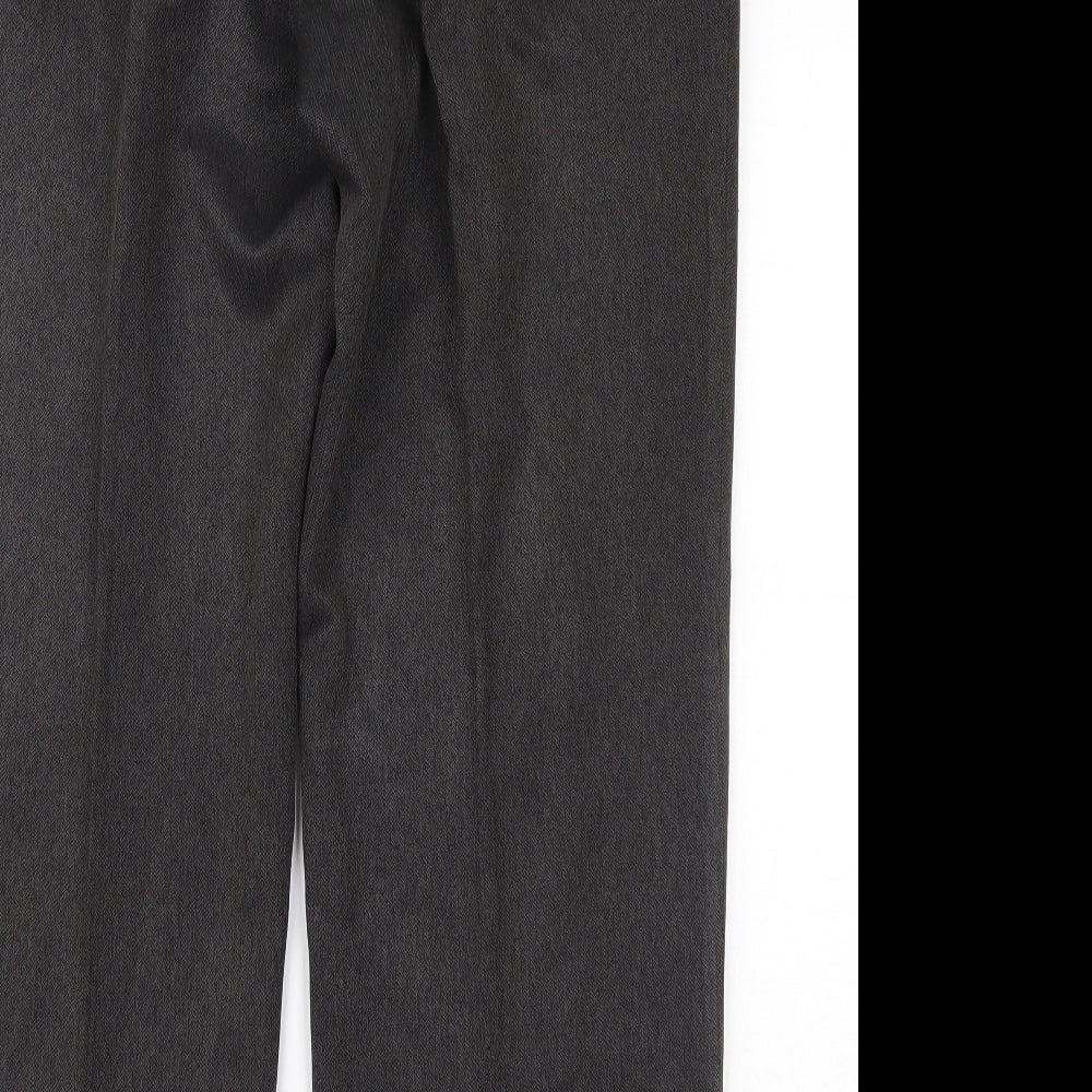 Brand and care label for Preworn men’s grey trousers, size 38, 28-inch leg