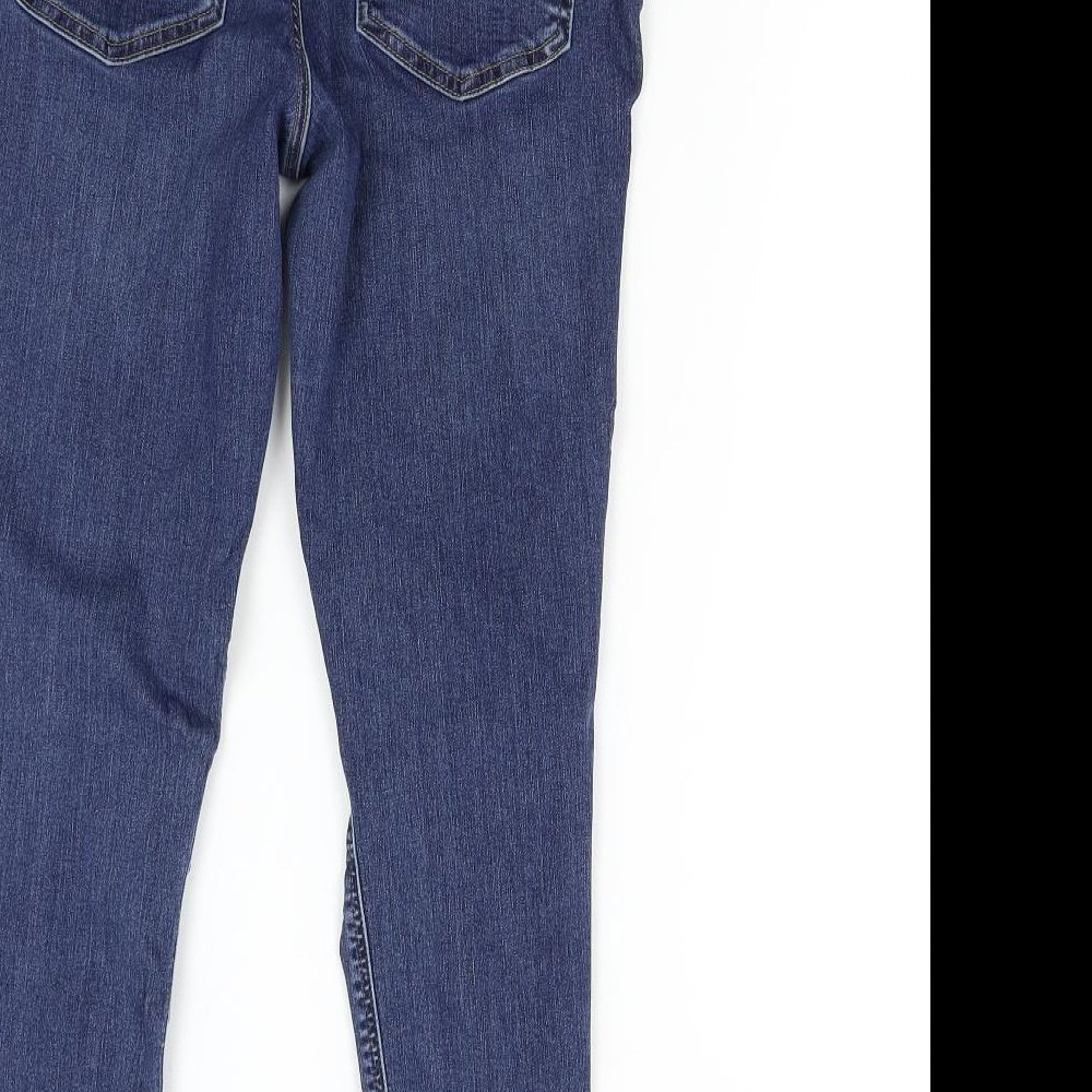 Brand and care label for Topshop women’s blue denim skinny jeans, size UK 32, 30-inch leg