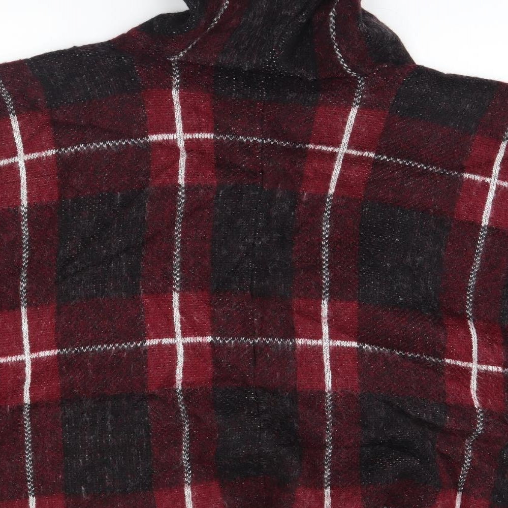 Brand and care label for Atmosphere women’s pink plaid overcoat poncho, size S