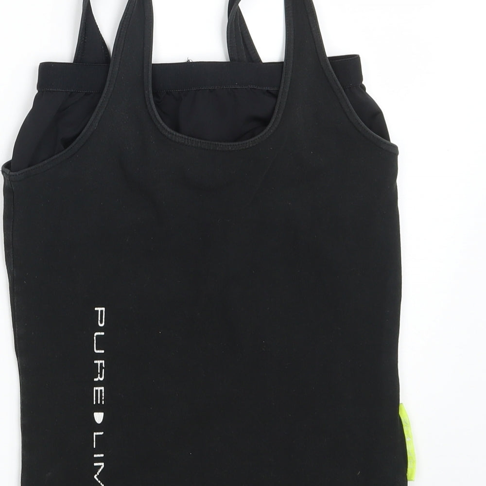 Brand and care label for PURE LIME women’s black cropped tank, size S