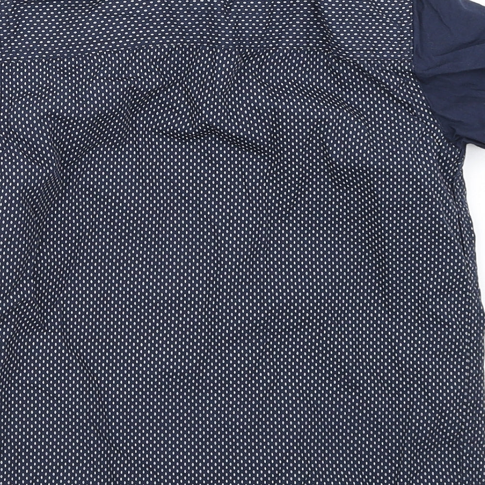 Brand and care label for Rebel boys’ blue polka dot basic button-up, size 6-7, years