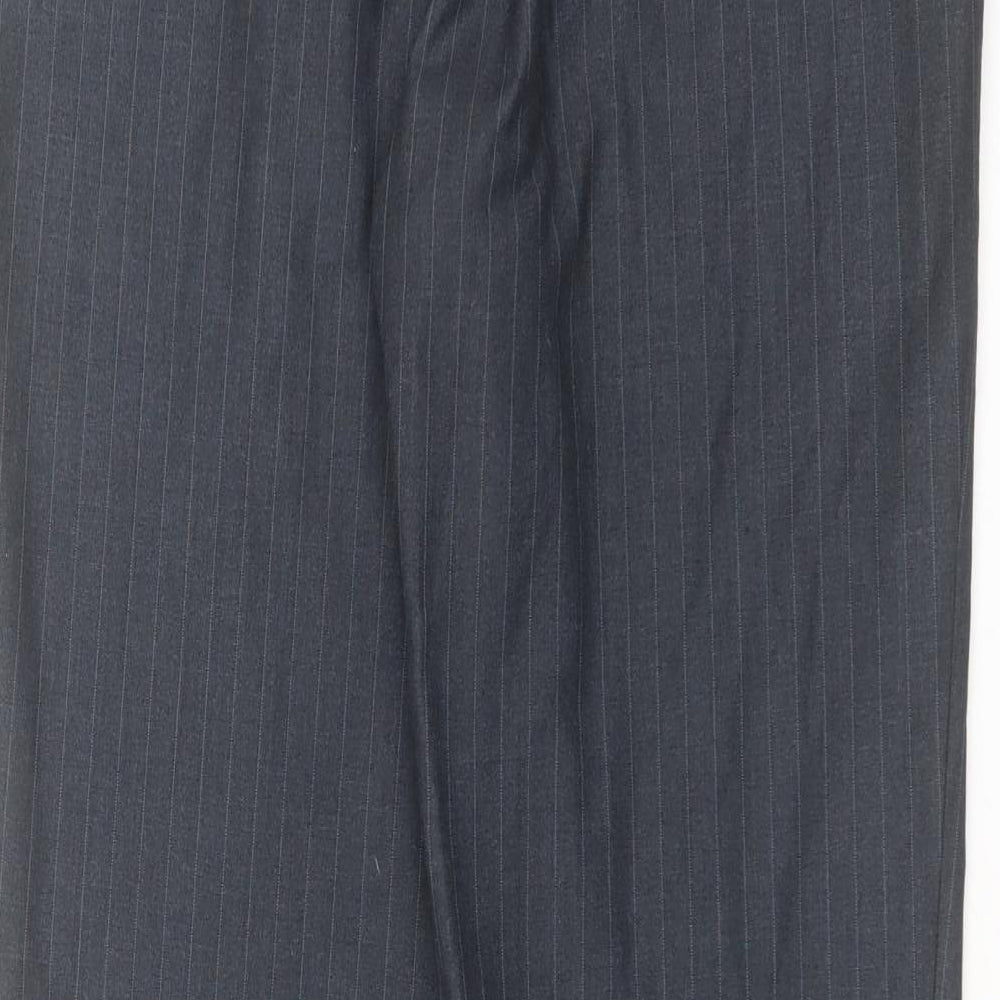 Brand and care label for George men’s blue striped trousers, size 32, in, 28-inch leg