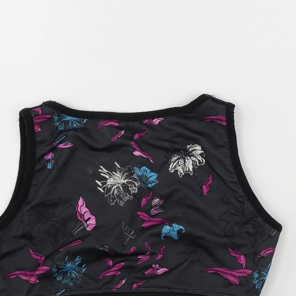 Brand and care label for TZ women’s black floral basic tank, size S