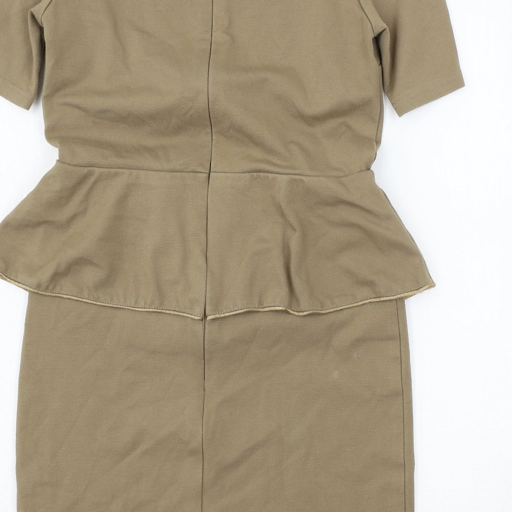 Brand and care label for Envy women’s brown jersey shift, size M