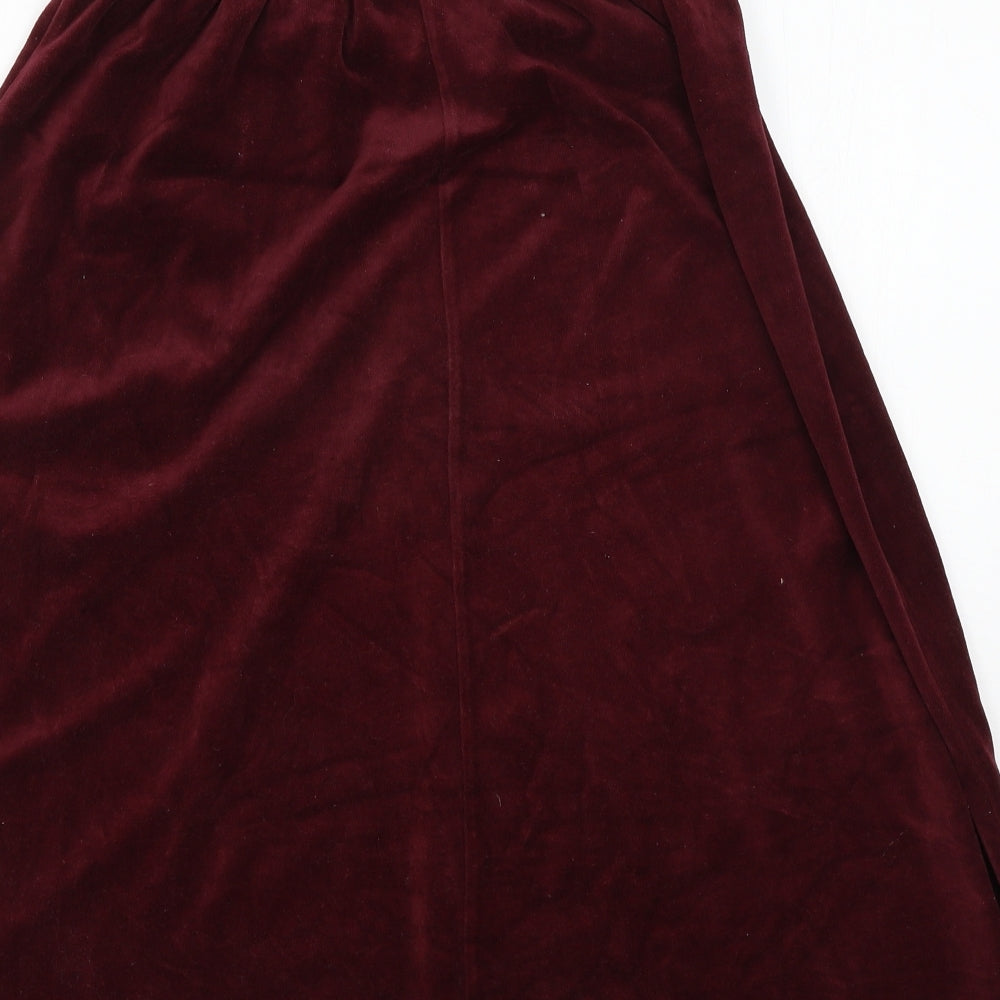 Brand and care label for Damart women’s red velour flare skirt, size UK 30, in