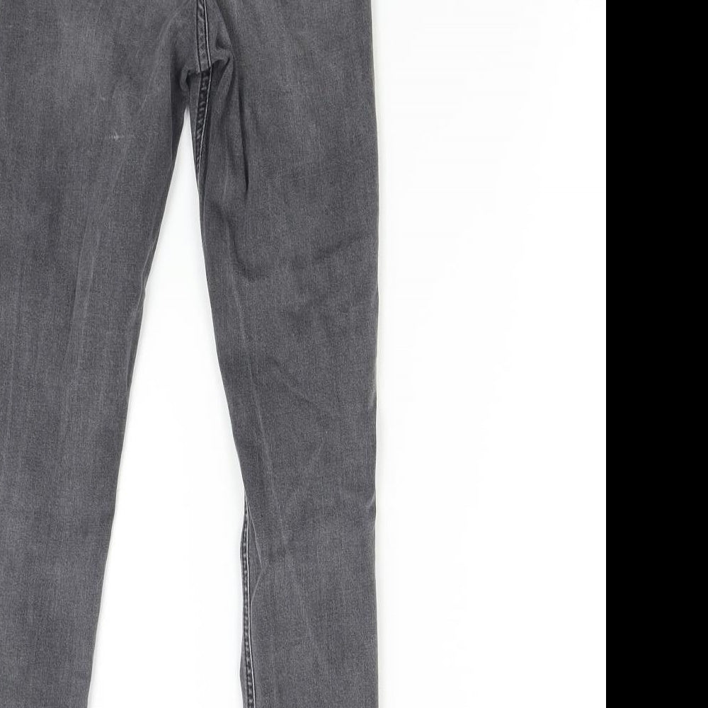 Brand and care label for Topshop women’s grey denim skinny jeans, size UK 25, 30-inch leg