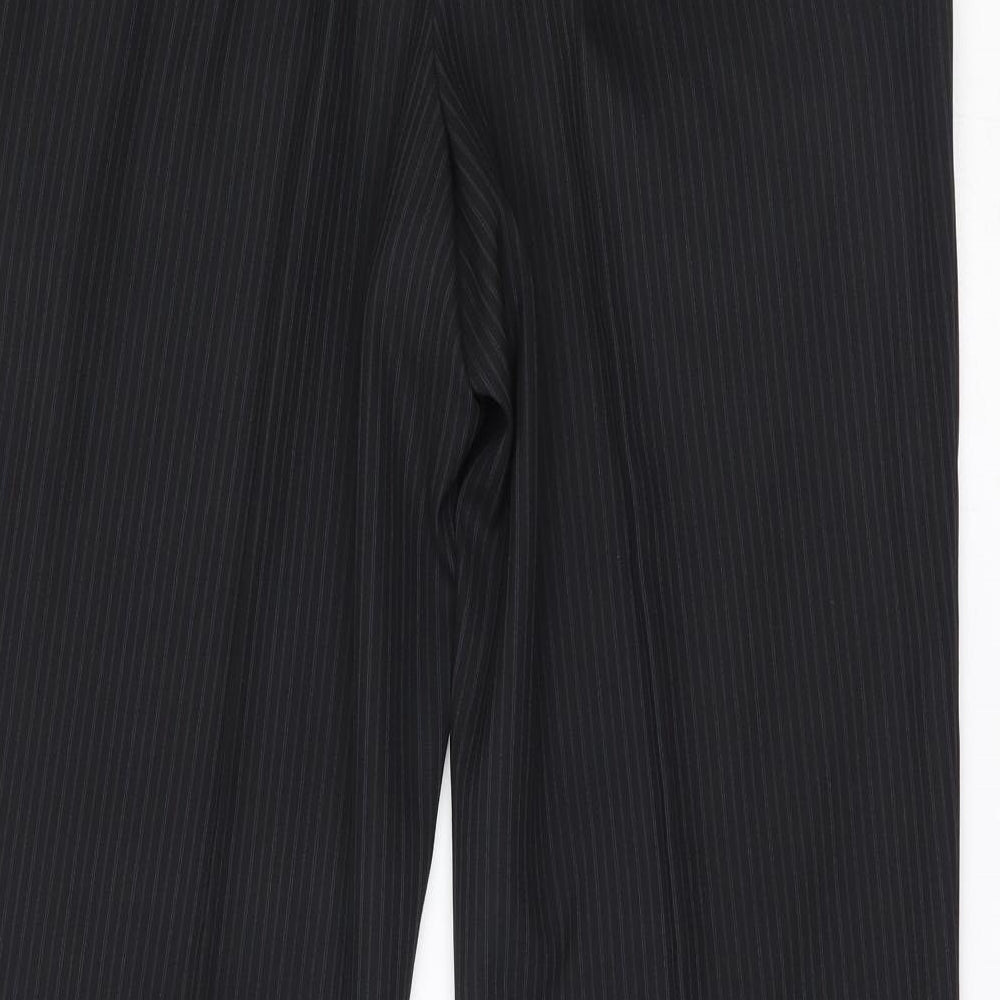 Brand and care label for Greenwoods men’s black striped suit trousers, size 35, 29-inch leg