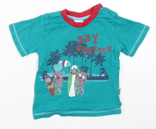 Additional front view of Aardvark boys’ blue basic t-shirt, size 18-24, months - say cheese