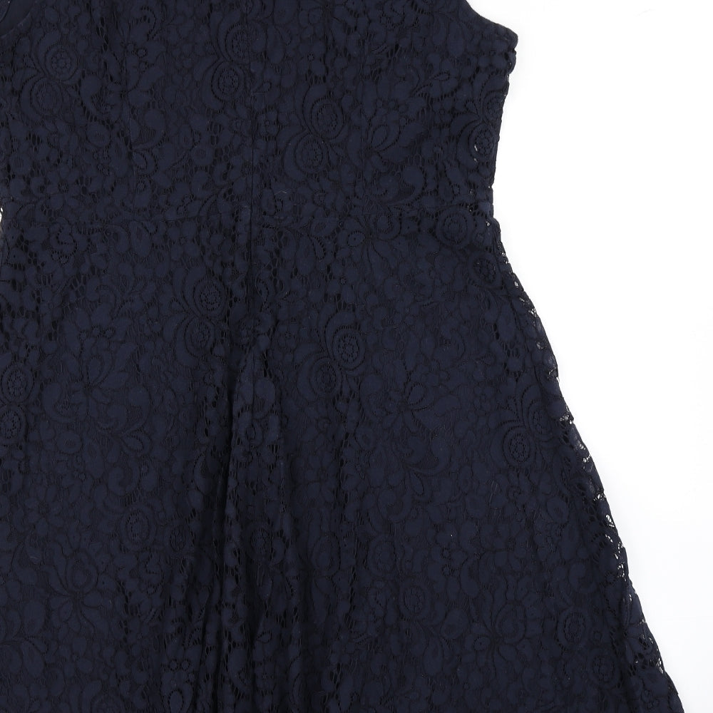 Brand and care label for H&M women’s blue lace fit & flare, size L