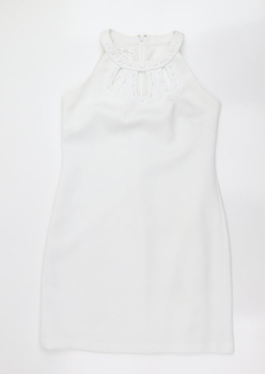 Additional front view of London Times women’s white check shift, size UK 6, - beaded