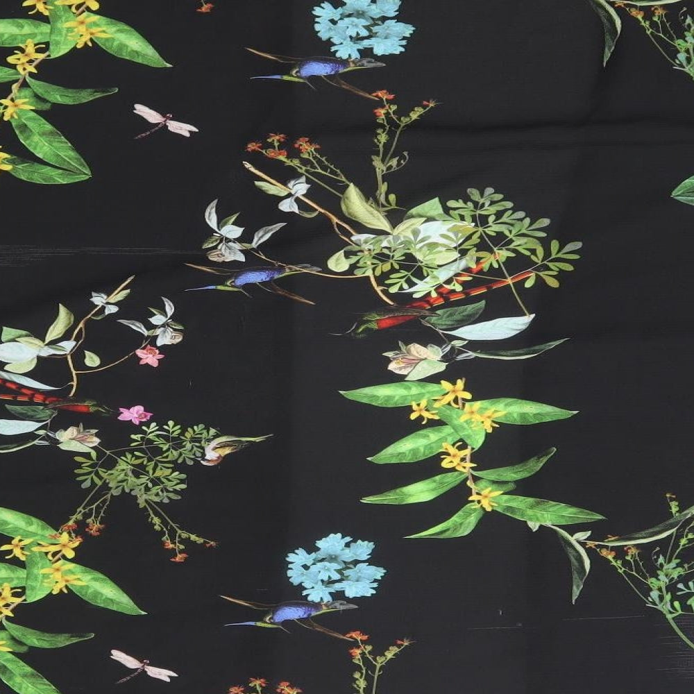 Brand and care label for Boohoo women’s black floral wrap blouse, size L