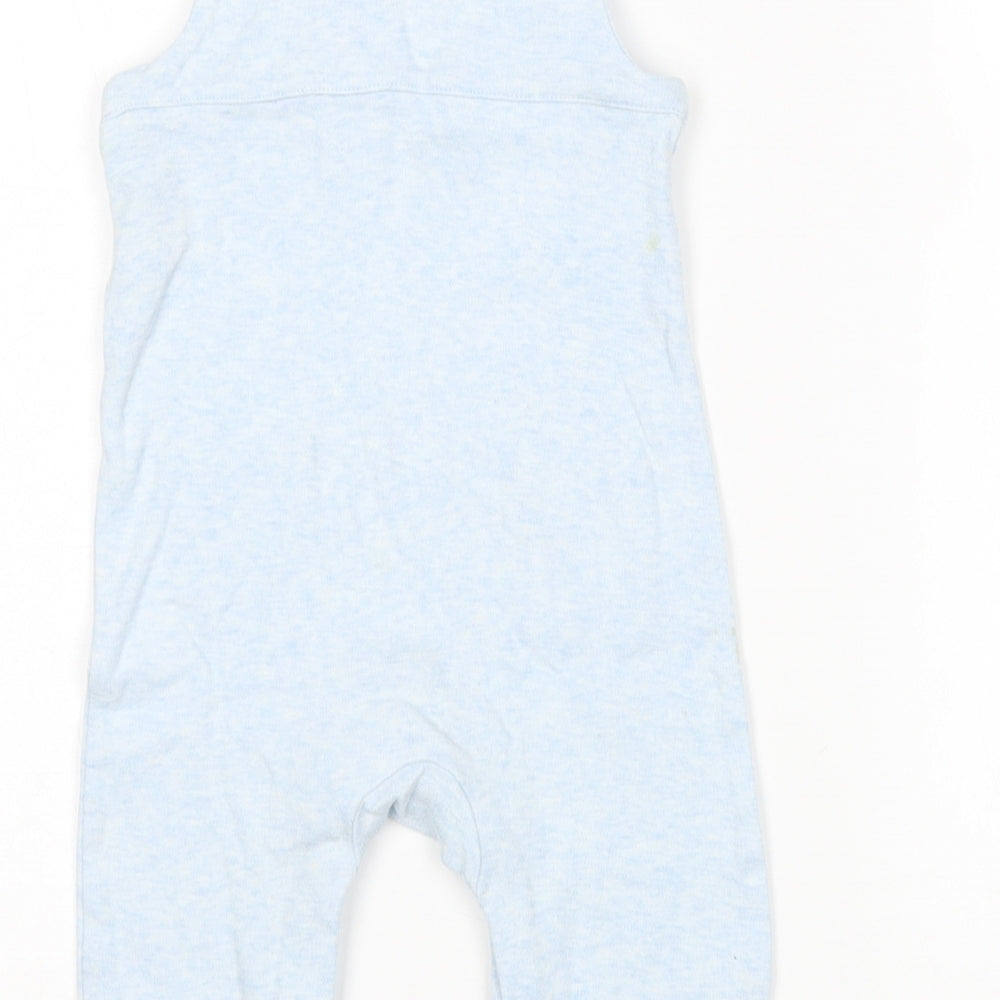 Brand and care label for Marks & Spencer boys’ blue dungaree one-piece, size 6-9, months