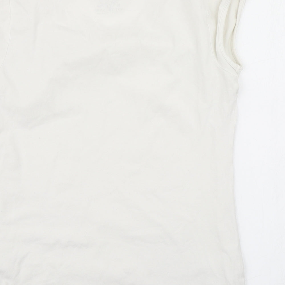 Brand and care label for Not the same women’s white basic t-shirt, size M