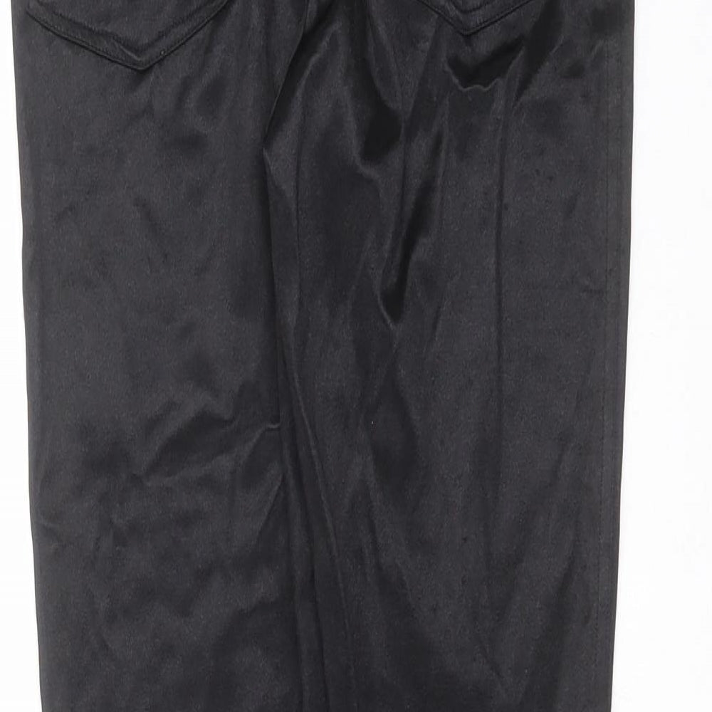 Brand and care label for Miss Selfridge women’s black trousers, size UK 8, 27-inch leg - wet look
