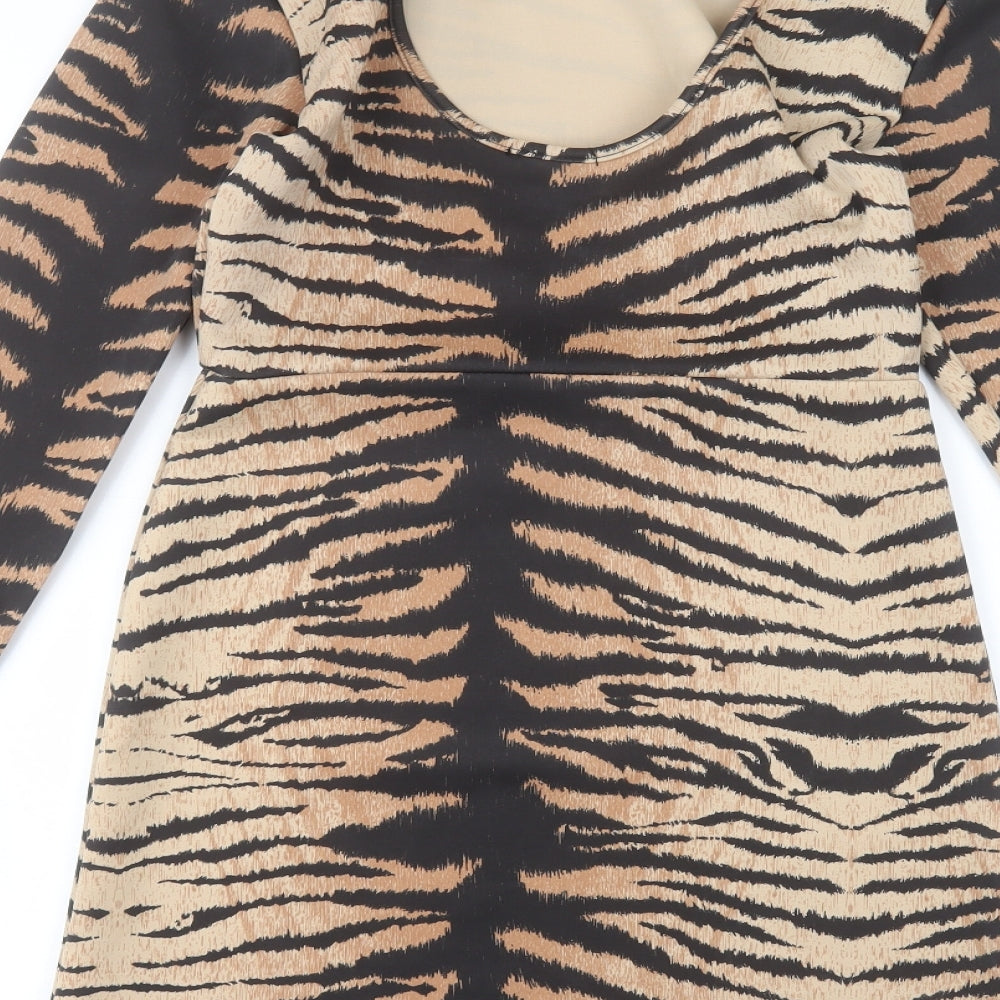 Brand and care label for In the Style women’s brown animal print pencil dress, size UK 10