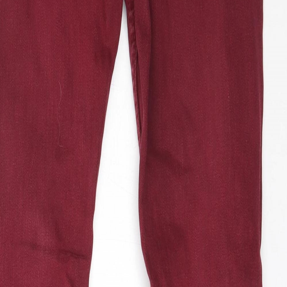 Brand and care label for Topshop women’s red skinny jeans, size UK 26, in, 30-inch leg