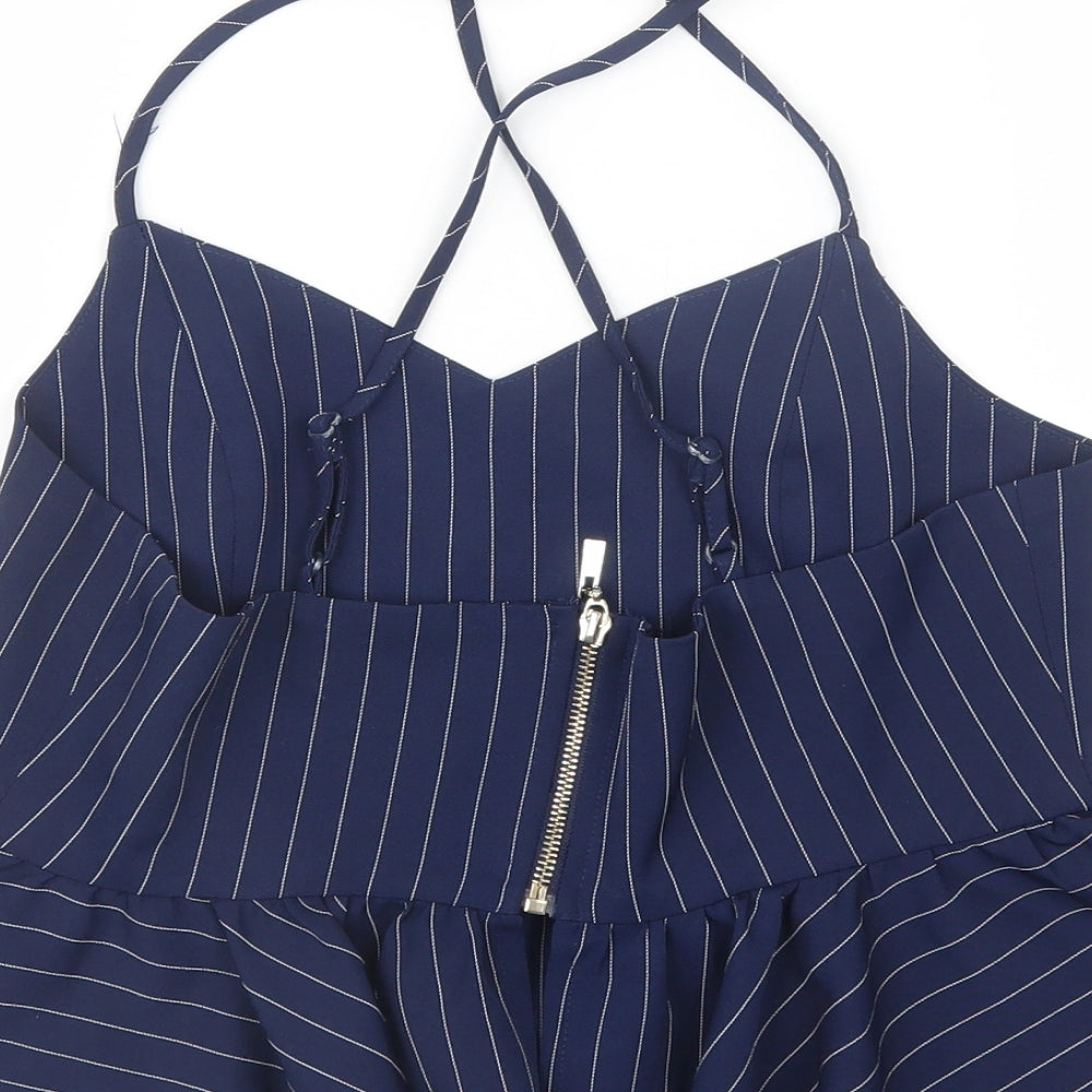 Brand and care label for New Look women’s blue striped cropped t-shirt, size UK 12