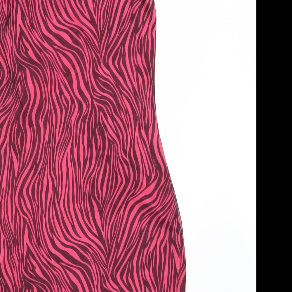 Brand and care label for SHEIN women’s pink animal print fit & flare, size S