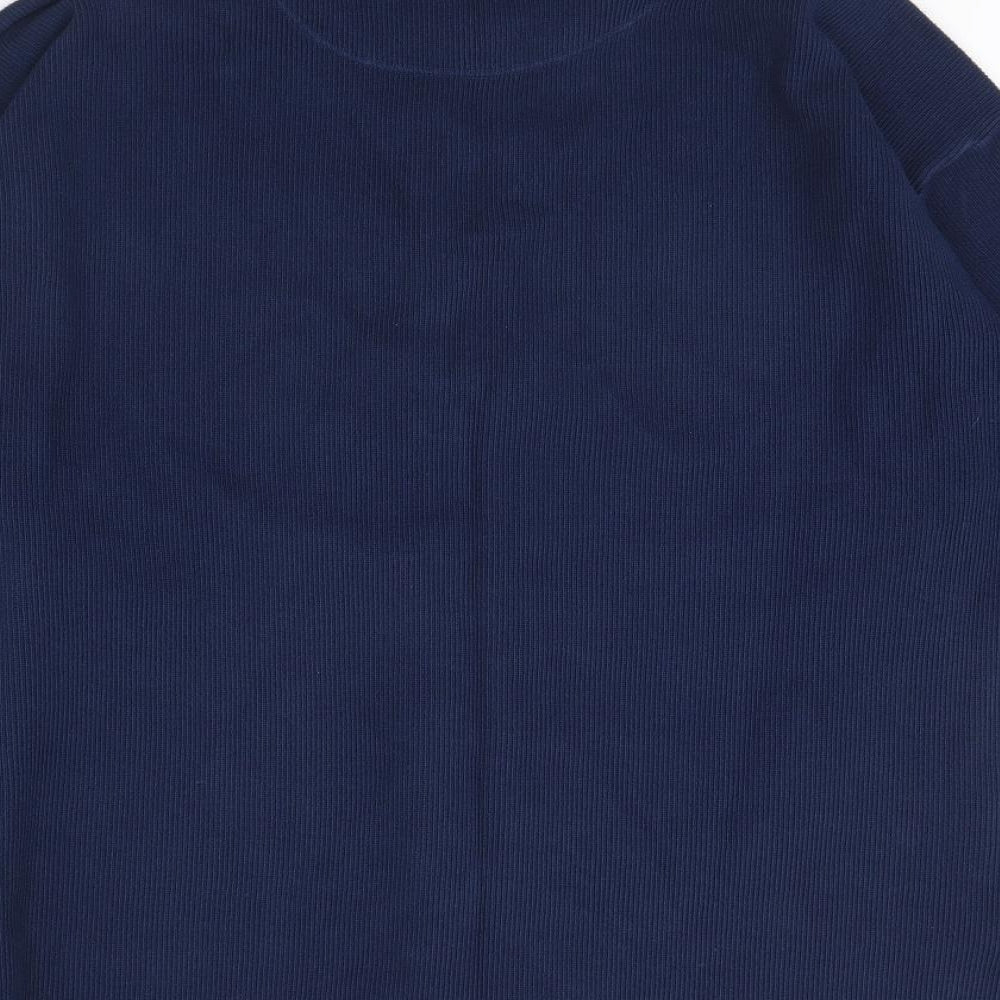 Brand and care label for Preworn men’s blue henley jumper, size S