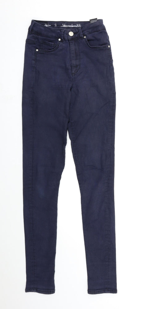 Additional front view of Never denim women’s blue denim skinny jeans, size S, 32-inch leg