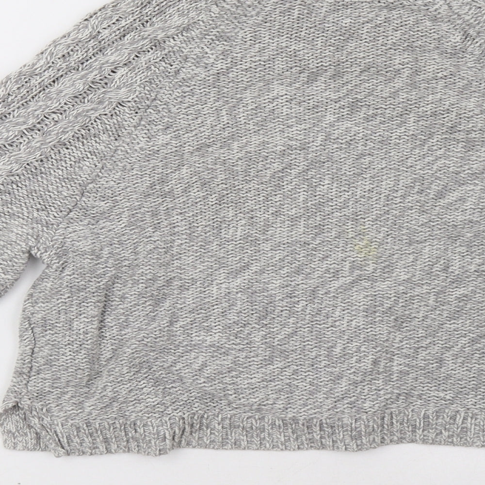 Brand and care label for H&M women’s grey pullover sweatshirt, size M