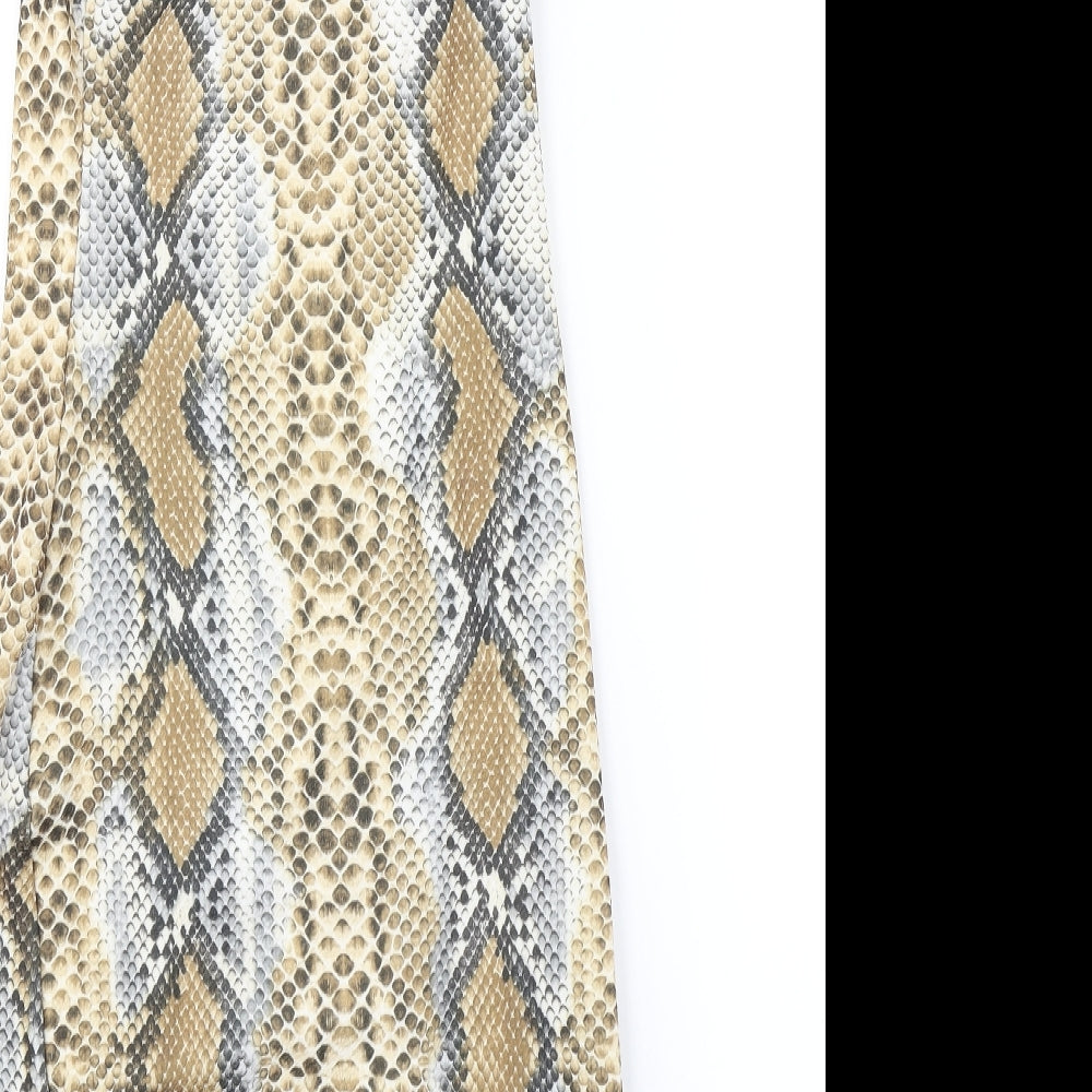 Brand and care label for Boohoo women’s beige animal print wrap dress, size UK 10