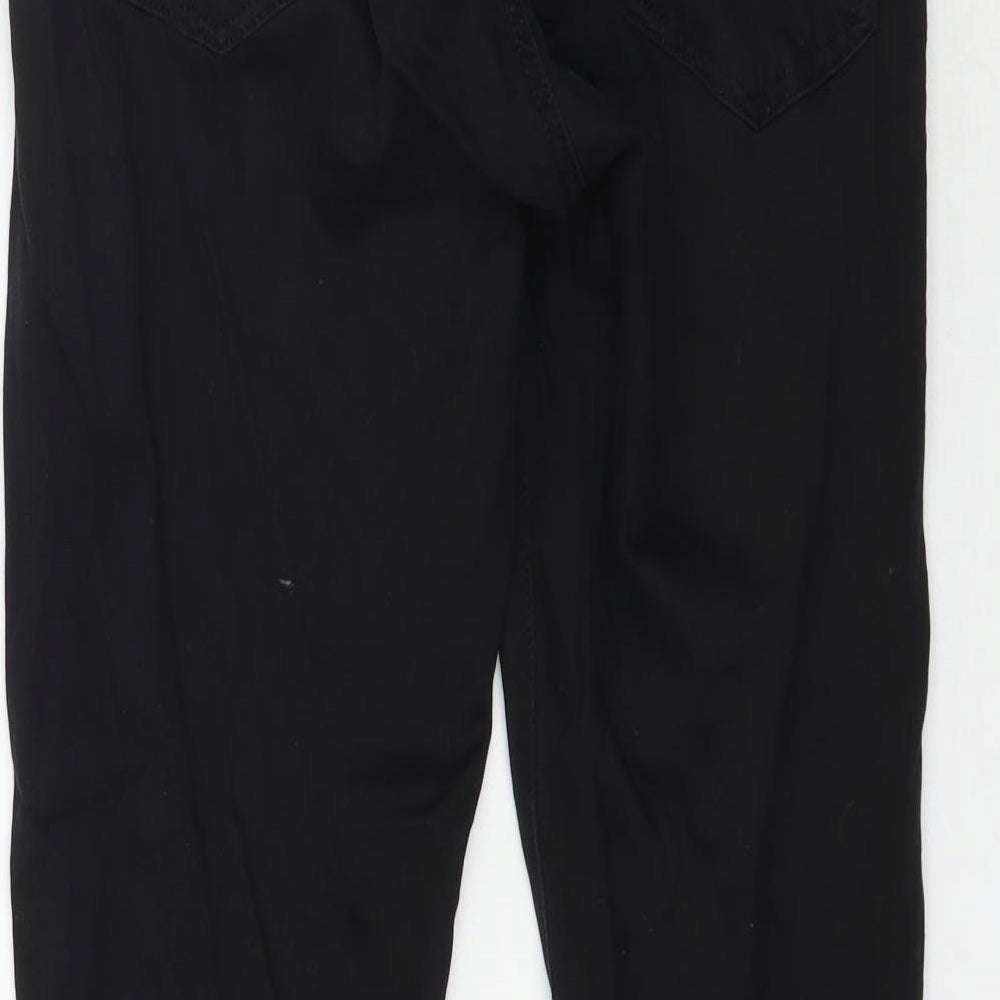 Brand and care label for Topshop women’s black denim skinny jeans, size UK 28, in, 27-inch leg