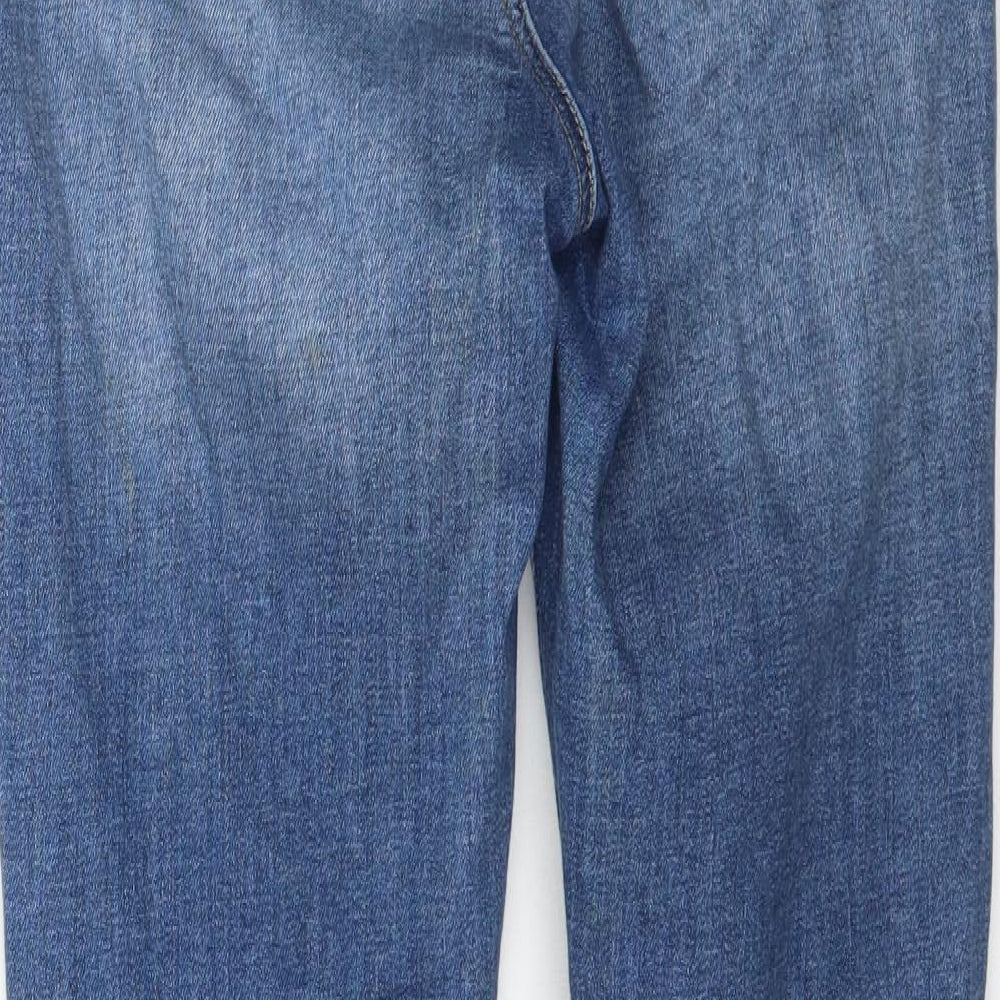 Brand and care label for Topshop women’s blue denim skinny jeans, size UK 28, in, 27-inch leg