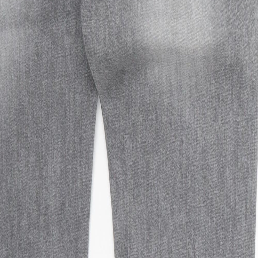 Brand and care label for Moto women’s grey denim straight jeans, size UK 28, 34-inch leg