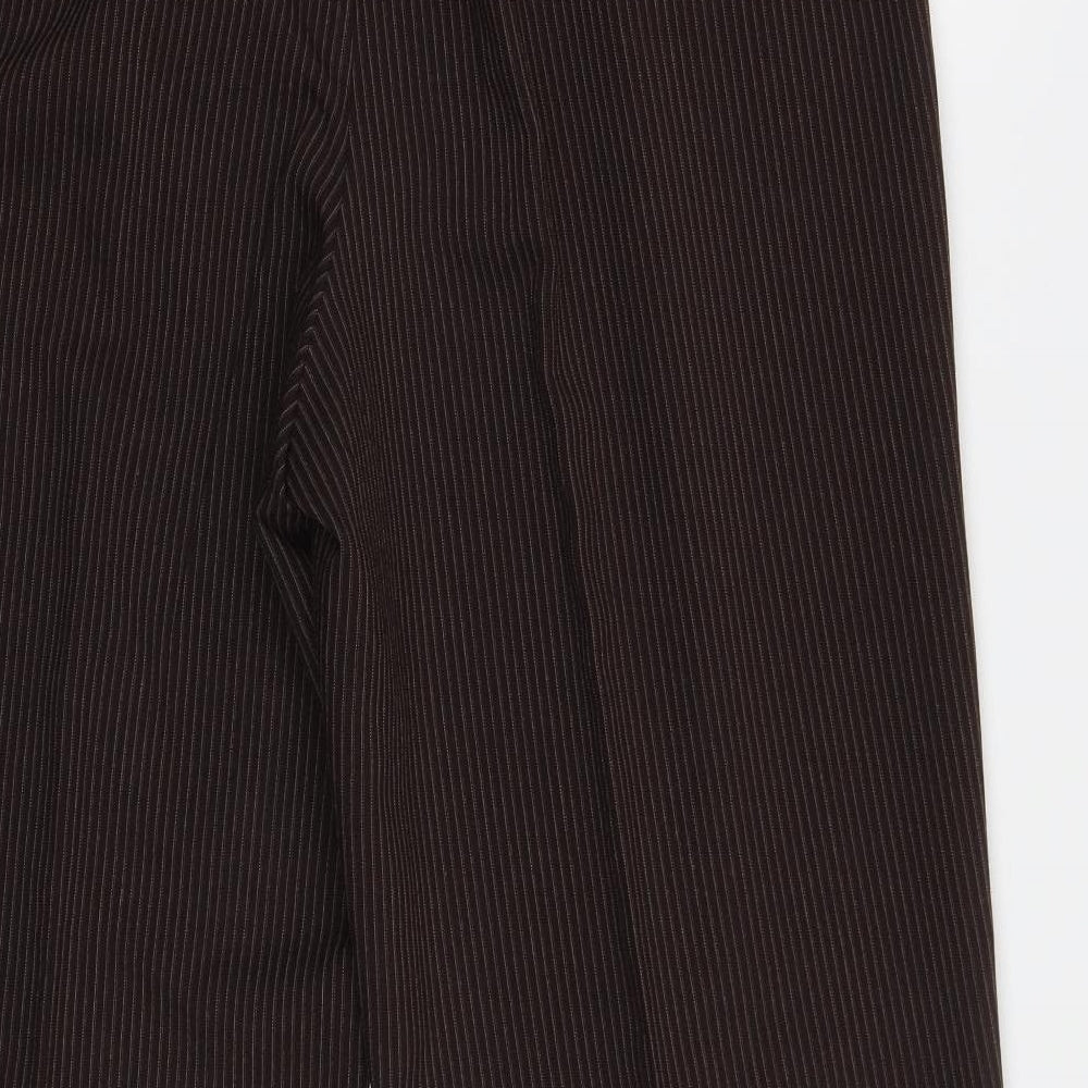Brand and care label for Bonmarché women’s brown striped trousers, size UK 16, 30-inch leg