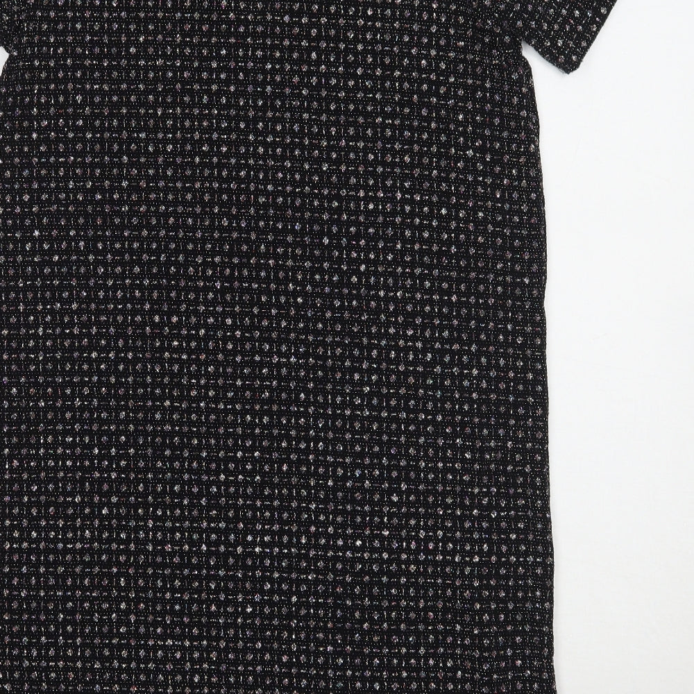 Brand and care label for Oasis women’s black geometric rayon a-line, size S