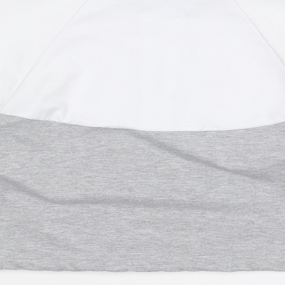 Brand and care label for Boohoo women’s grey colourblock pullover sweatshirt, size M