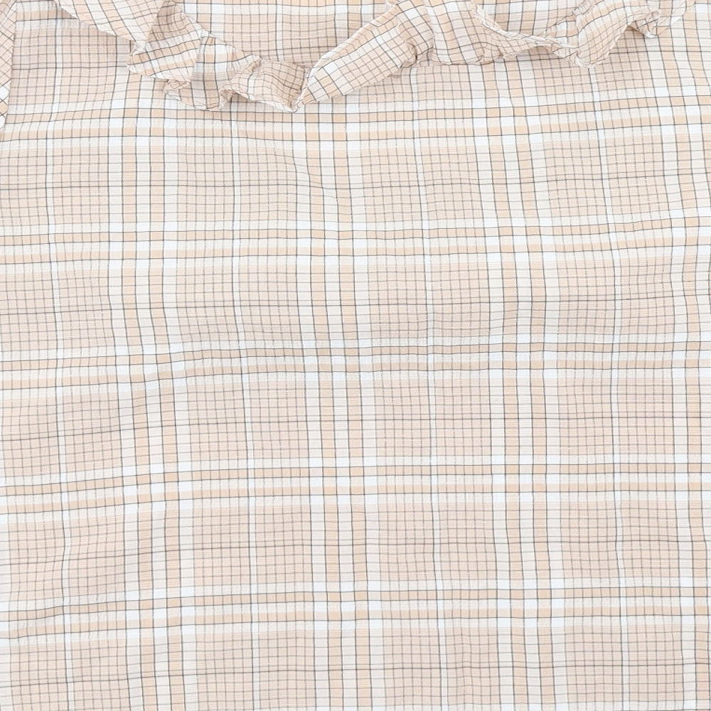 Brand and care label for Papaya women’s brown plaid basic blouse, size UK 12
