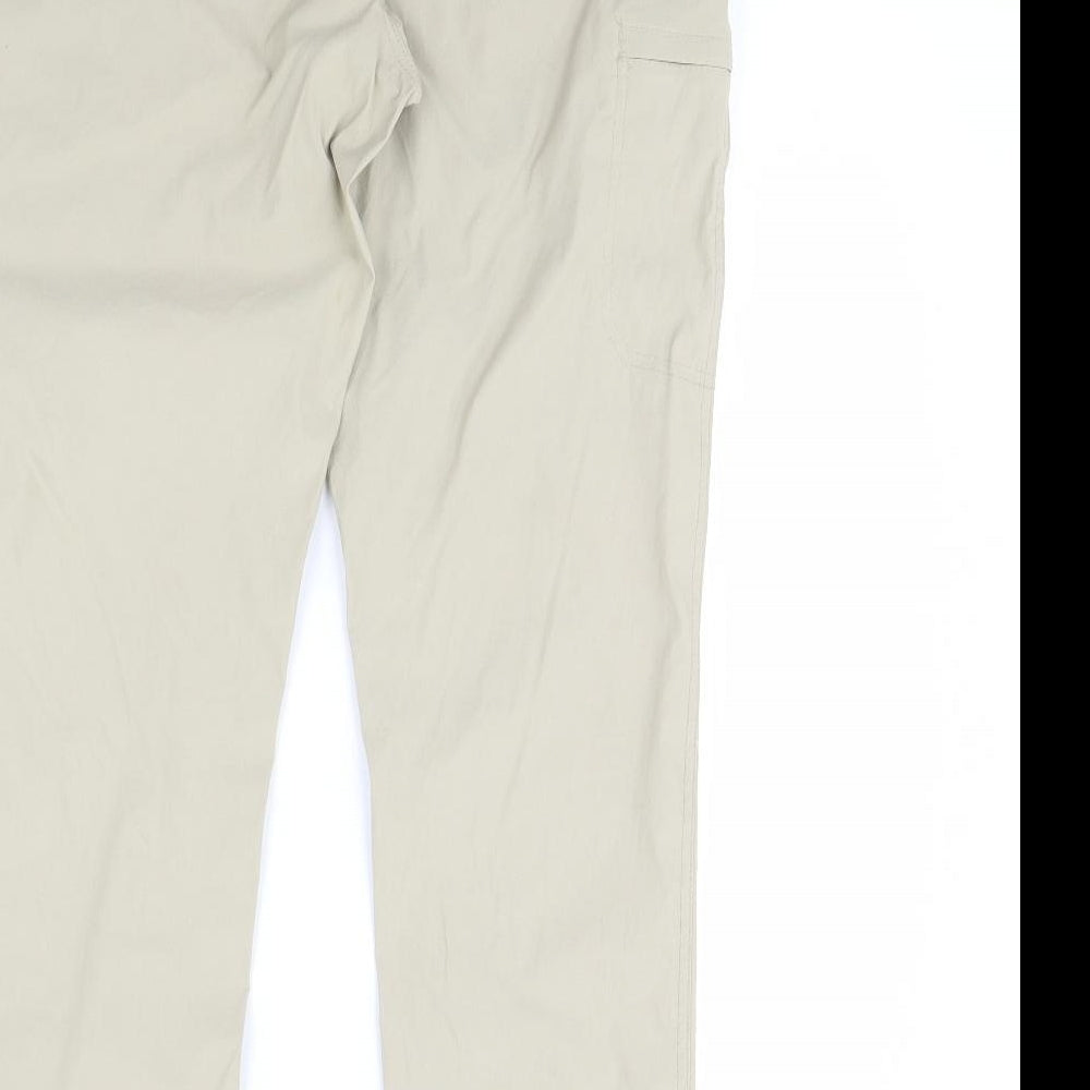 Brand and care label for LB TECH men’s beige trousers, size 32, 34-inch leg