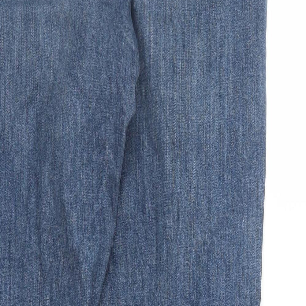 Brand and care label for Topshop women’s blue denim tapered jeans, size UK 28, in, 28-inch leg