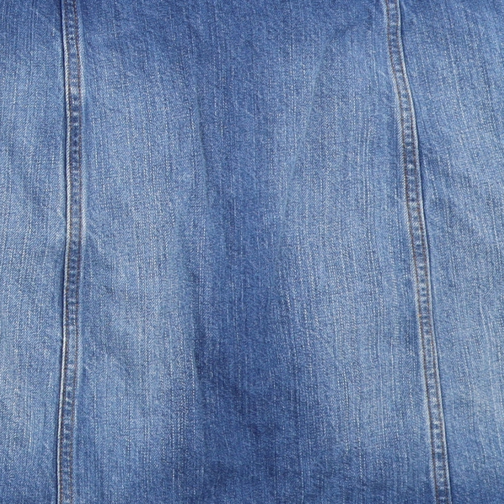 Brand and care label for H&M women’s blue denim a-line skirt, size UK 36