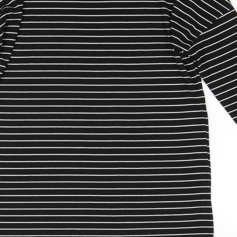 Brand and care label for F&F women’s black striped t-shirt dress, size UK 10