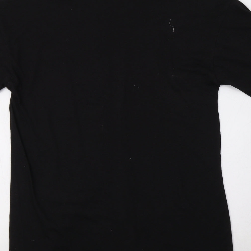Brand and care label for Boohoo women’s black t-shirt dress, size UK 8